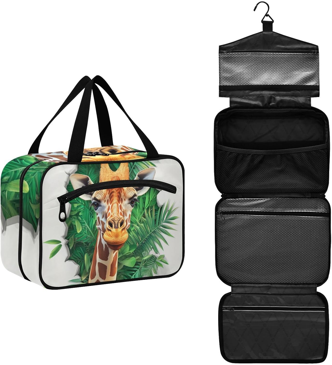 3D Hole White Wall Animal Giraffe Hanging Large Make up Bag with Hook, Designer Essentials Hanging Toiletry Bags for Adults Work Bolsa para guardar maquillaje, 3d Hole White Wall Animal Giraffe, L image 2