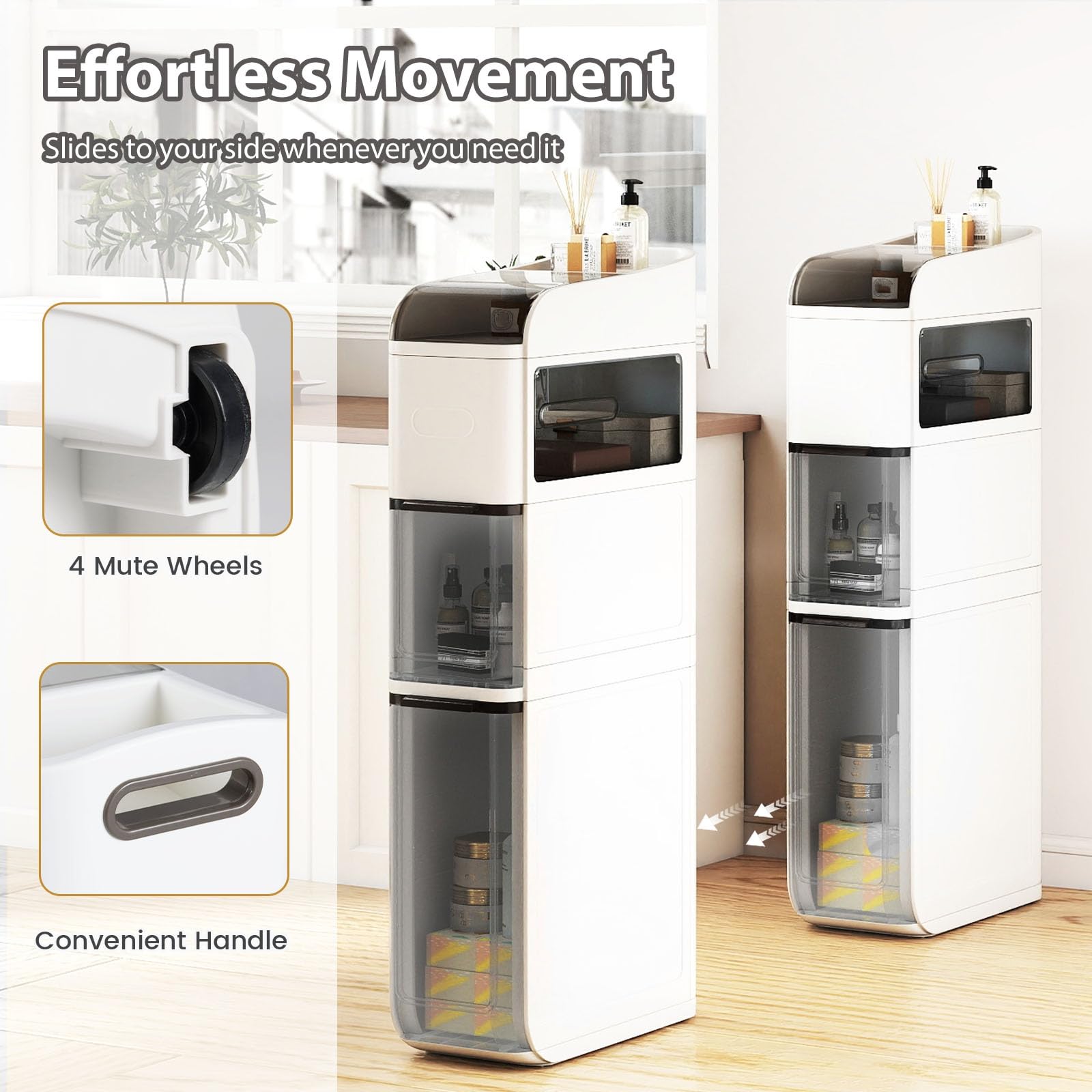 LIFEZEAL Carrellino Bagno Salvaspazio, Stretto, 18x43x88cm, Armadietto, Mobiletto Bagno con Ruote, con 2 Cassetti, Porta Carta Igienica, Piano Portaoggetti, Moderno, Cassettiera in Plastica (bianco)