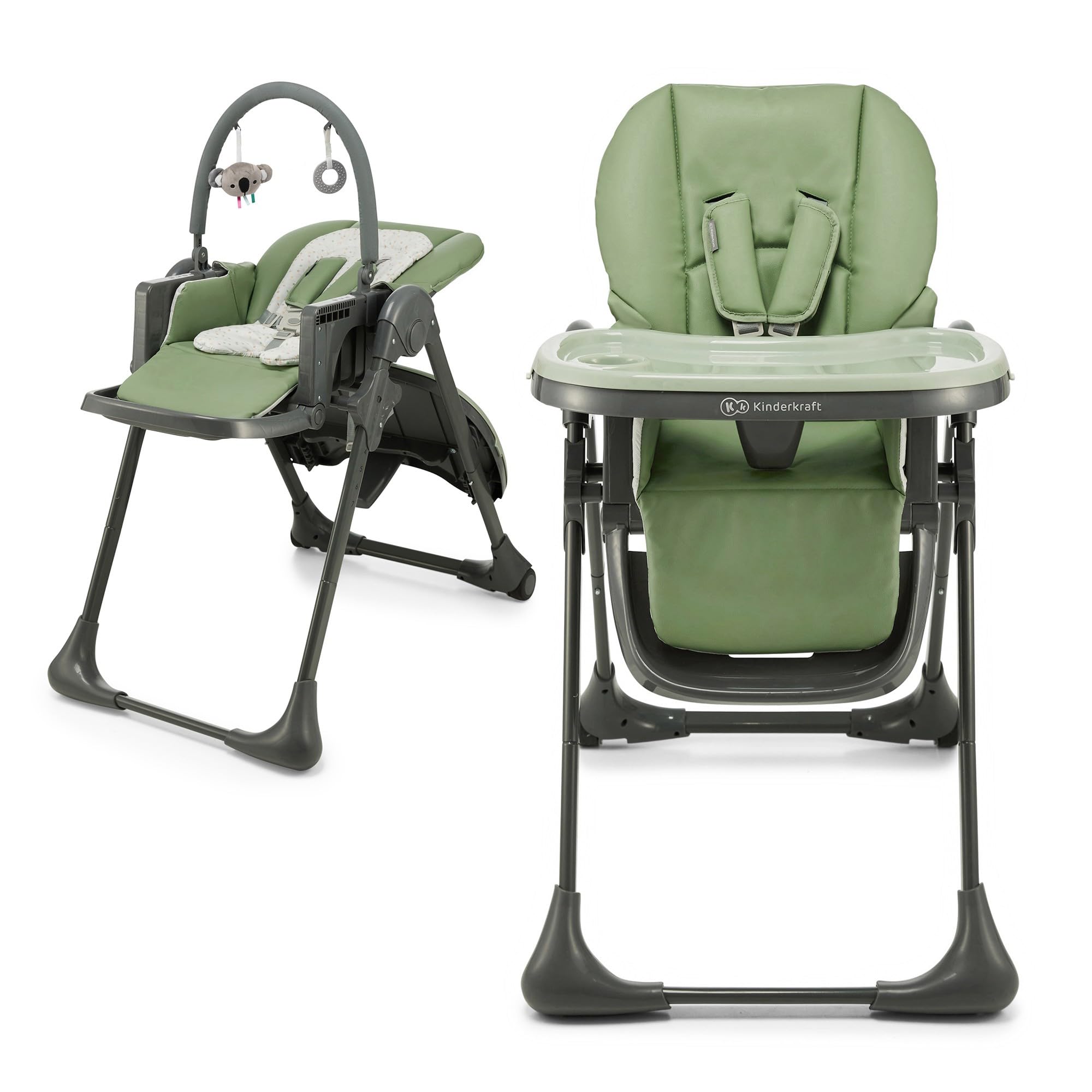 Kinderkraft Tummie 2-in-1 High Chair & Bouncer, from Birth, Fold-Flat, 7 Height, 4 Recline, Newborn Insert, 3-Position Tray, 5-Point Harness, Lockable Wheels, Toy Bar, Green