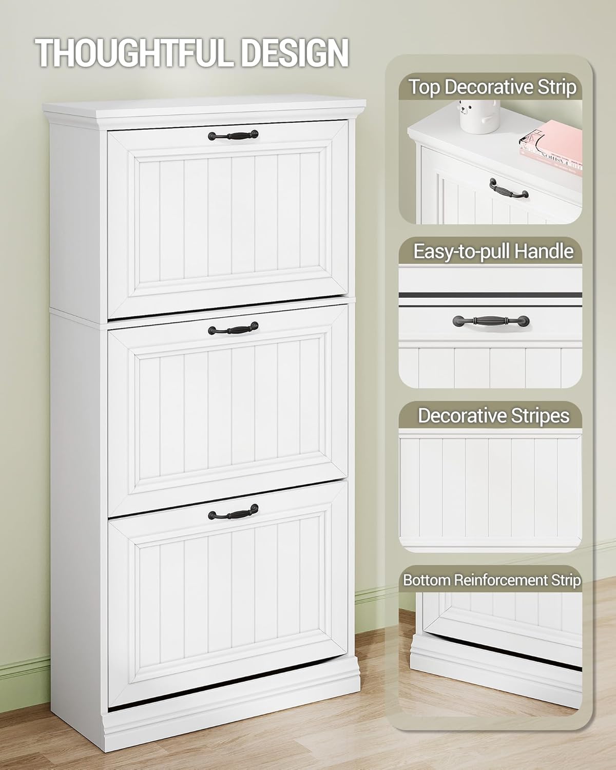 Shoe Cabinet with 3 Flip Drawers, Hidden Narrow Shoe Cabinet with Adjustable Shelves, Freestanding Wood Shoes Organizer, 16-18 Pairs, Classic Style, for Entryway, Hallway, White SR60103X