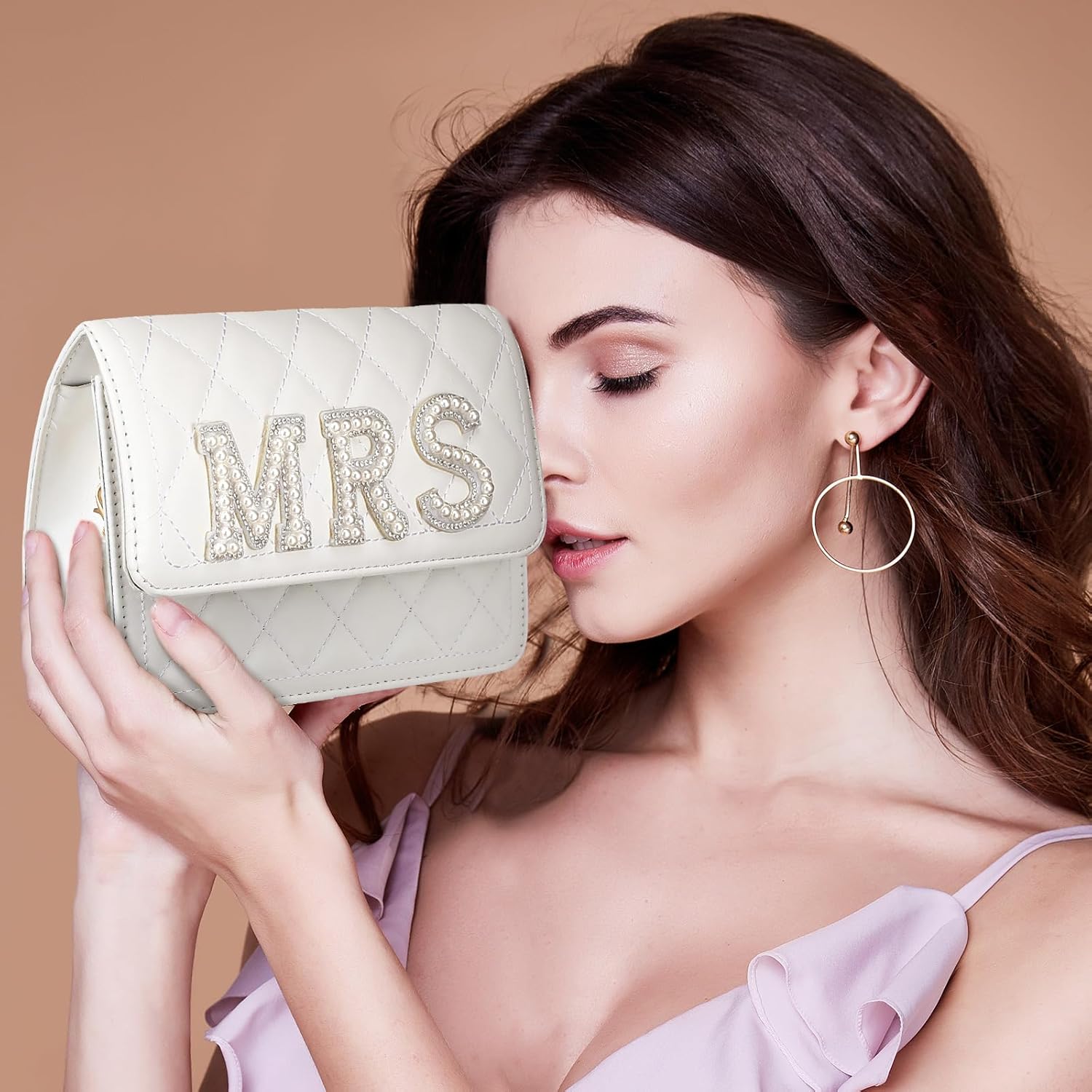 Eccliy Wifey Gift Mrs Bride White Leather Bag with Pearl Chain Clutch Evening Bag for Wedding Anniversary