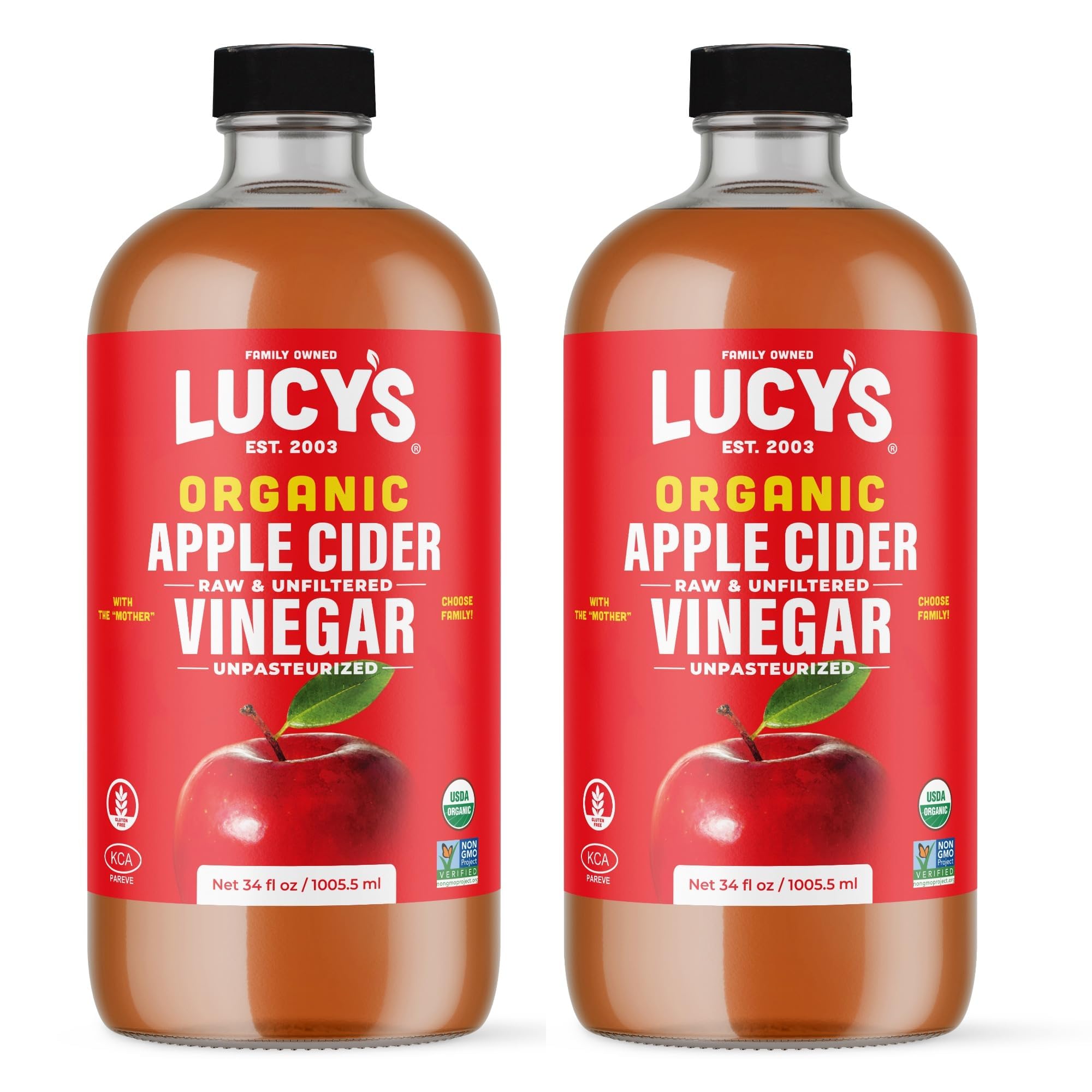 Lucy's Family Owned - 34oz. GLASS BOTTLE (2 PACK) Organic, With the Mother, Apple Cider Vinegar, Unfiltered, Unpasteurized, Raw, and NonGMO