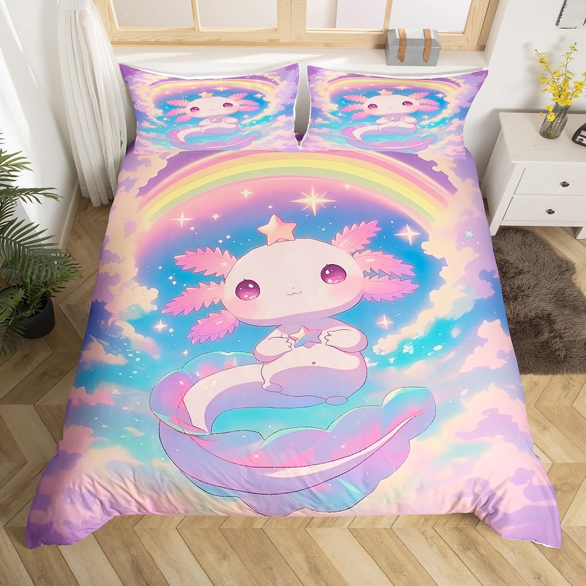Homemissing Cartoon Axolotl Duvet Cover Set Kawaii Axolotl Bedding Set for Kids Boys Girls Animal Theme Comforter Cover Salamander Quilt Cover Bedroom Collection 3Pcs Double Size