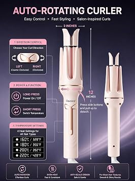 Auto Hair Curler, 3-in-1 Automatic Curling Iron Set with 1 & 1.25 Ceramic Rotating Barrels and Heated Brush Attachment, Anti-Tangle, Anti-Scald, Auto Shut-Off, Dual Voltage