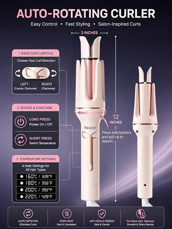 Auto Hair Curler, 3-in-1 Automatic Curling Iron Set with 1 & 1.25 Ceramic Rotating Barrels and Heated Brush Attachment, Anti-Tangle, Anti-Scald, Auto Shut-Off, Dual Voltage