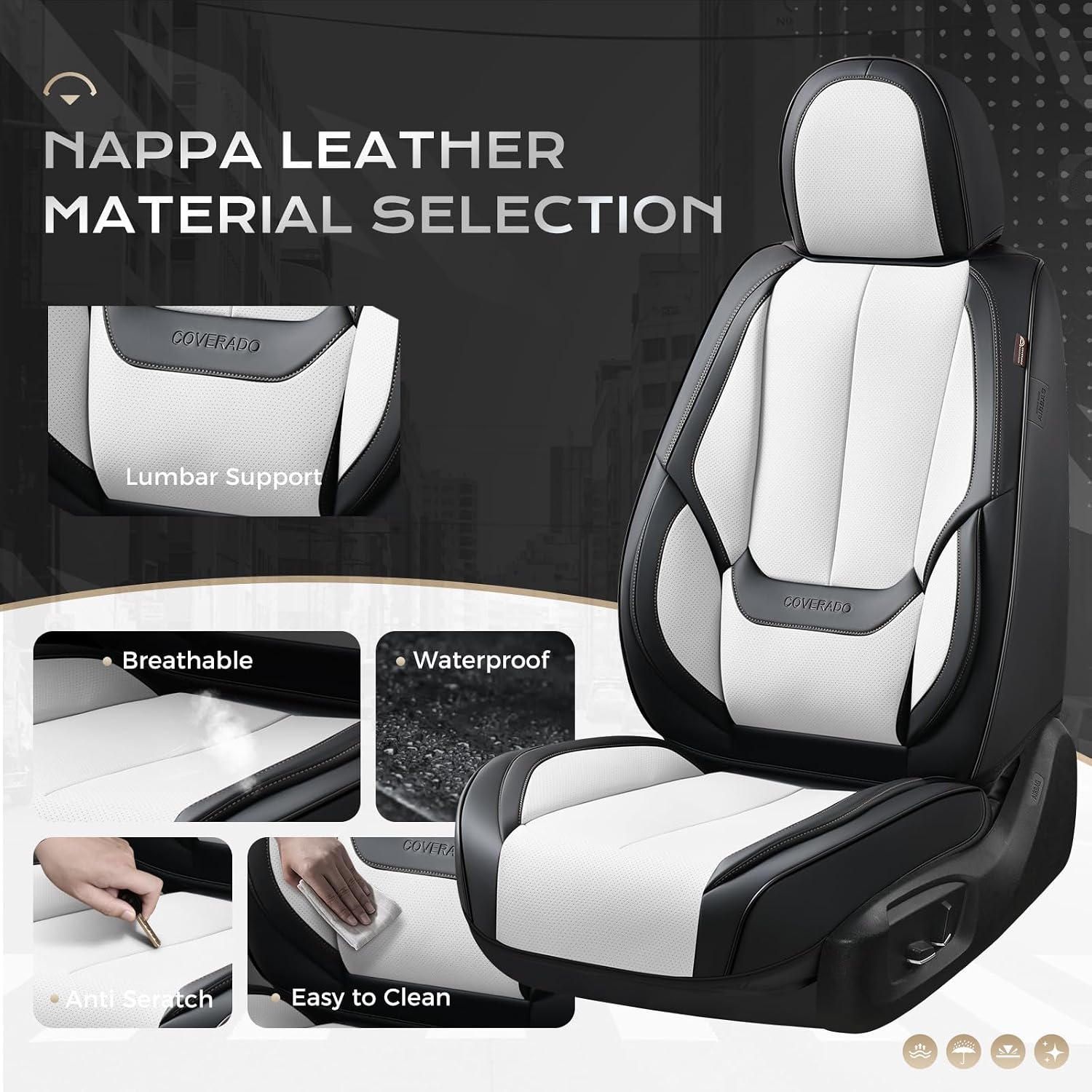  Seat Covers, Car Seat Covers Front Seats, Leather Seat Covers for Cars, Car Seat Protector Waterproof, Black Car Seat Cushion, Front Carseat Cover Universal Fit for Most Cars White thumbnail