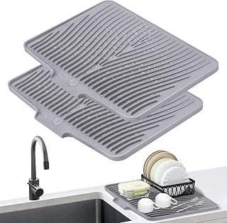 Silicone Dish Drying Mat for Kitchen counter | 19.7"x17" Dish Drainer Mat,Heat-Resistant Kitchen Counter Mat & Over-Sink Drying Tray, Can Be Hung,Grey-2pcs-L