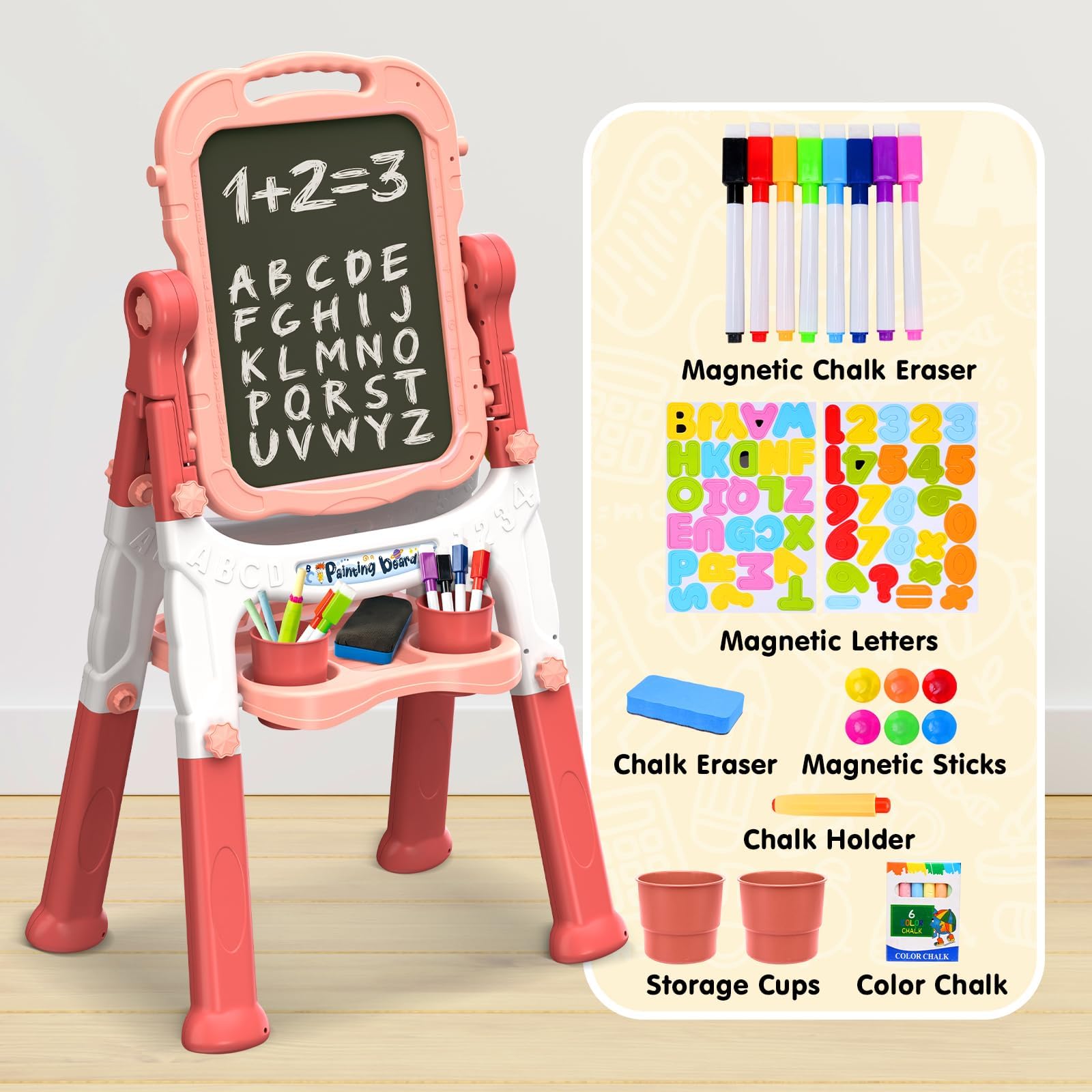 Caballete para niños, caballete para niños, pizarra de tiza de doble cara para niños, pizarra blanca, caballete de arte para niños, caballete de arte de 4 a 8 años, regalo de Navidad, rosa y 3