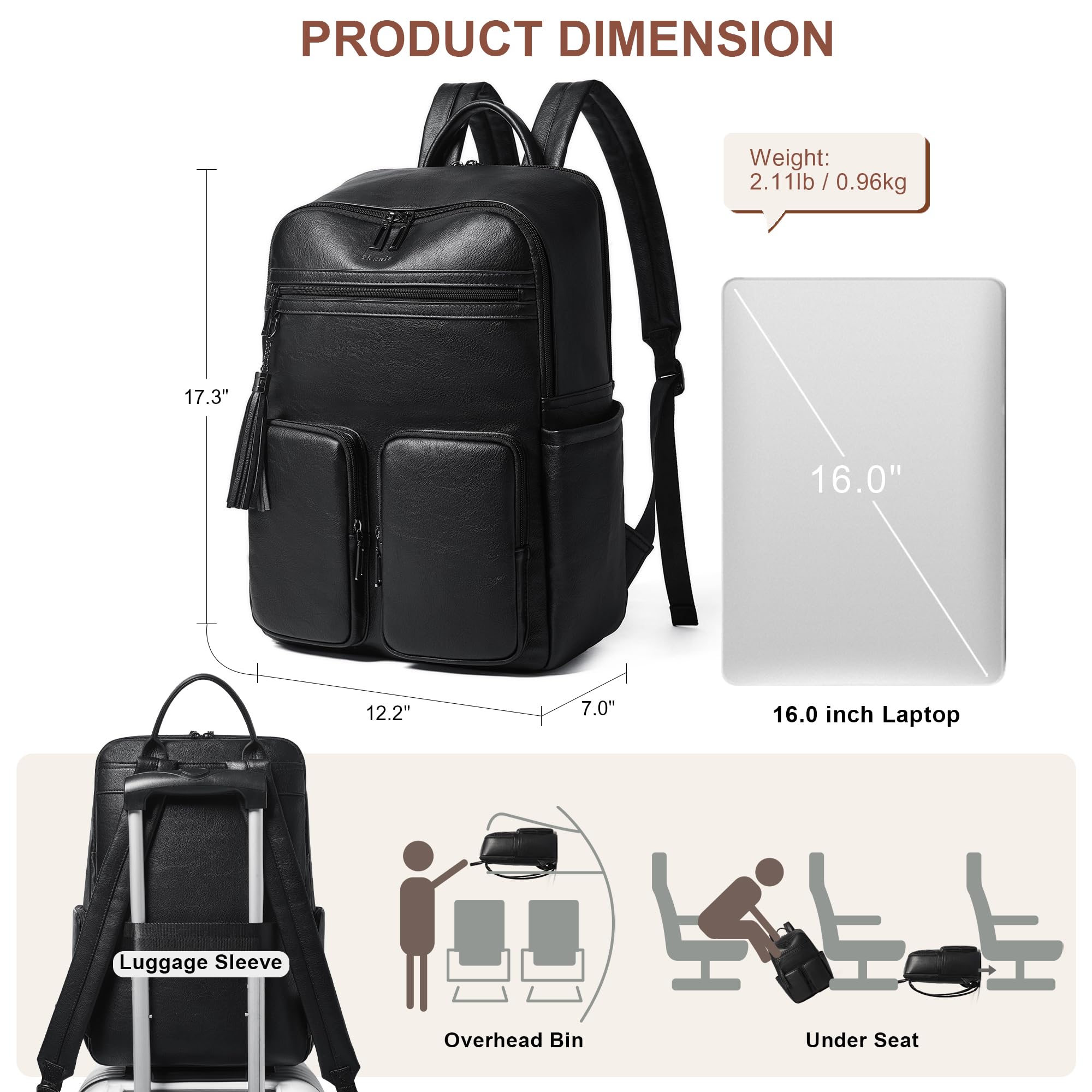 Shrrie Mochila para laptop para mujer de 16 pulgadas, mochila de viaje de cuero vegano, mochila de trabajo, negocios, mochila para portátil, profesora, universidad, mochila casual