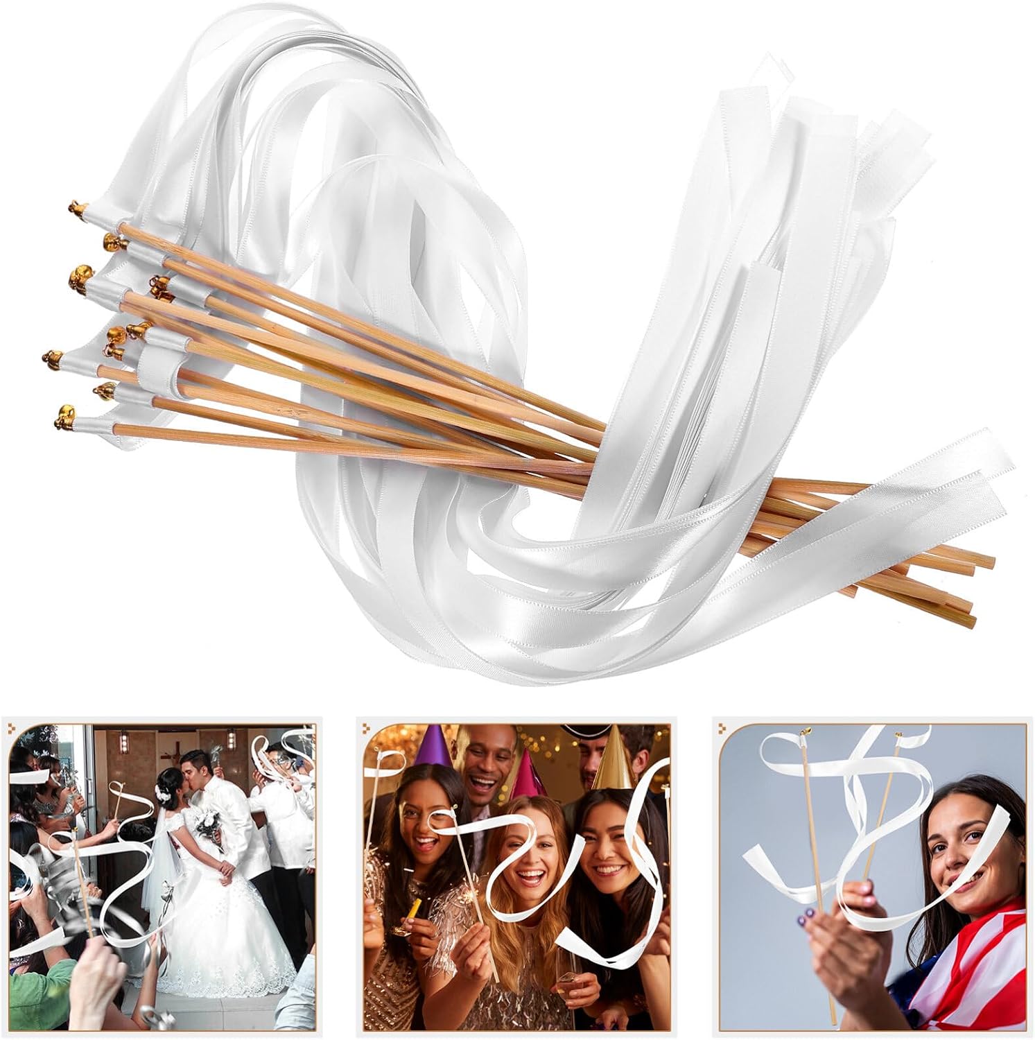 ABOOFAN 30pcs Elegant Fairy Ribbons Bells for Wedding and Birthday Decorations White Streamers for Party Favors Beautifully Crafted Wands for Festive Events