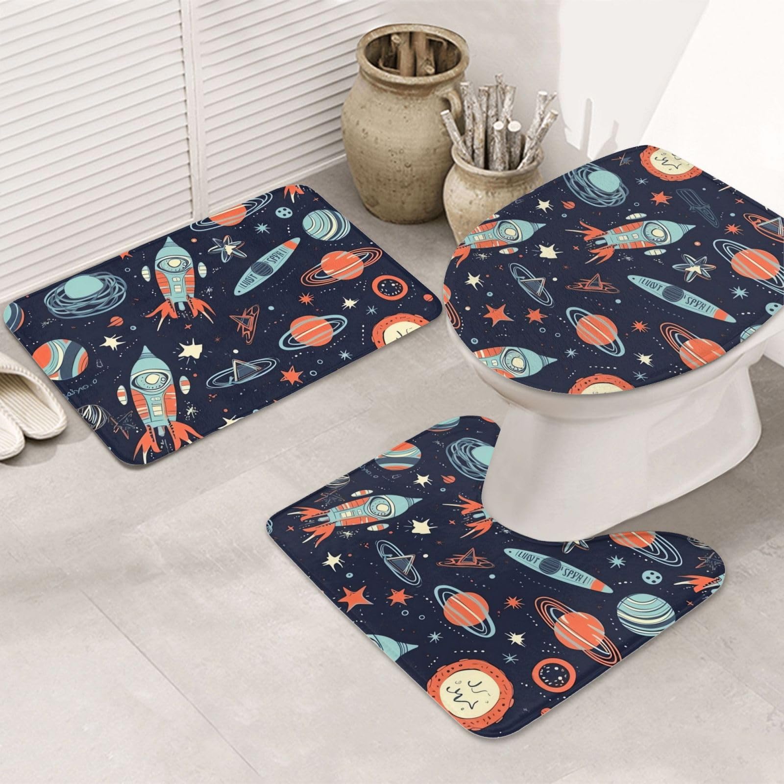 Tapis de bain retro spatial lot de 3 absorbants et antidérapants pour wc et douche