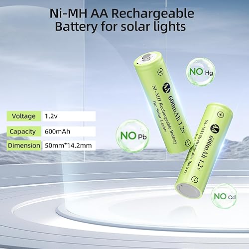 Miniatura 7 de Baterías recargables AA de 1.2 V Ni-MH, pilas solares AA de 600 mAh 1.2 V, baterías precargadas doble A para luces solares al aire libre, luces de