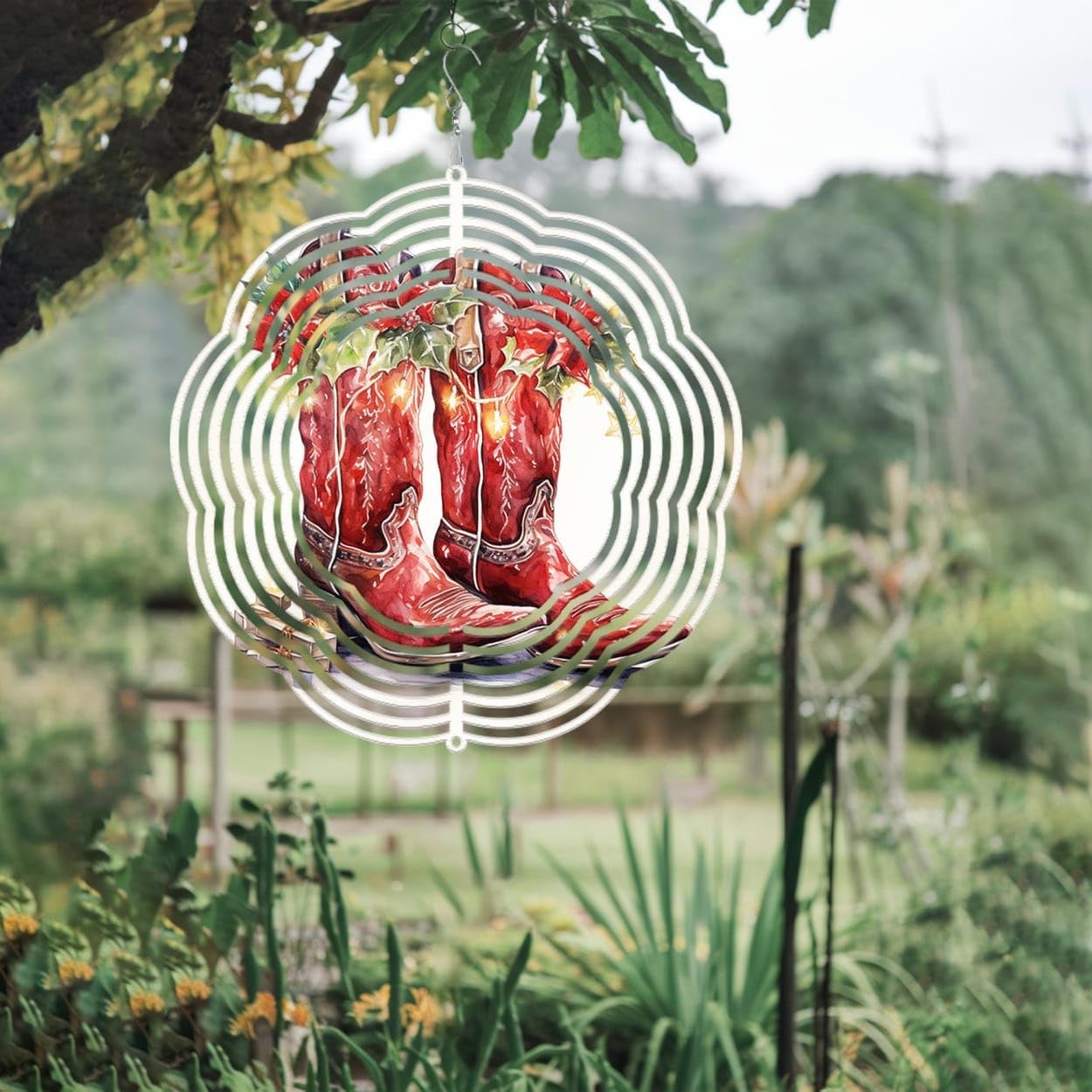 Red Boots Farmhouse Christmas Wind Spinners 3D Stainless Steel Laser Cut Metal Double Sided Printing-Hanging Indoor/Outdoor Decorations Yard Gardening Decor,Metal Kinetic Art 16x16 inches