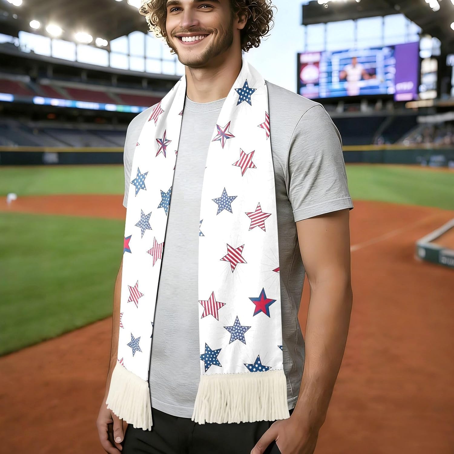 CHIFIGNO Stars Stripes White Sports Fan Scarf Towel, Soft Quick Dry Polyester Cheering Scarf for Soccer Games, Fringed Rally Towel
