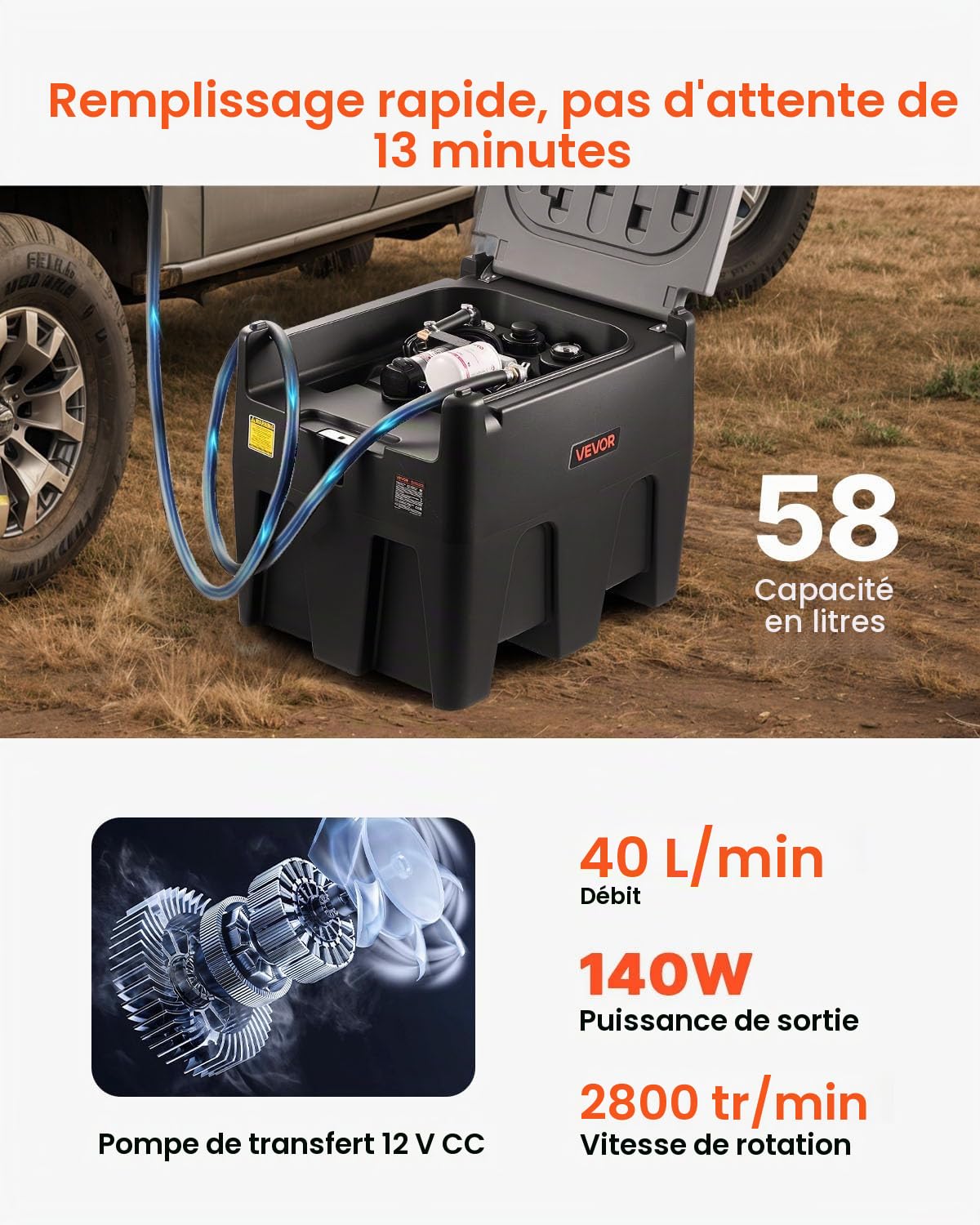 VEVOR Réservoir Diesel Portable 220 L Cuve de Ravitaillement 40 L/min avec Pompe de Transfert Électrique 12 V Tuyau en Caoutchouc 4 m Réservoir de Transfert Diesel pour Transport de Carburant, Noir