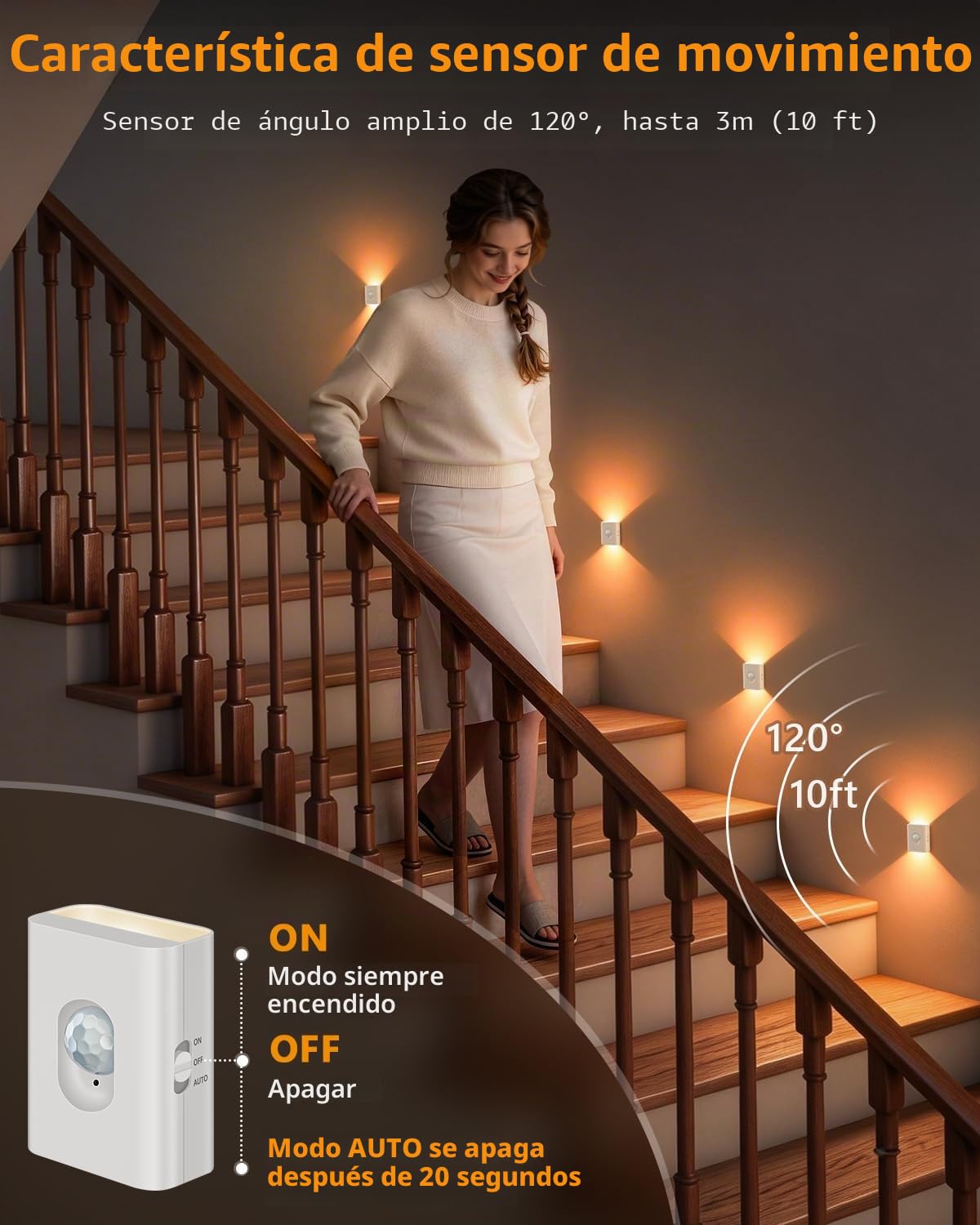 WILLED Luz Nocturna Recargable con Sensor de Movimiento, Luz LED para Escaleras, 8 Piezas, 3 Modos (Auto/Encendido/Apagado), Luz Adhesiva para Pasillos, Armarios y Cocina