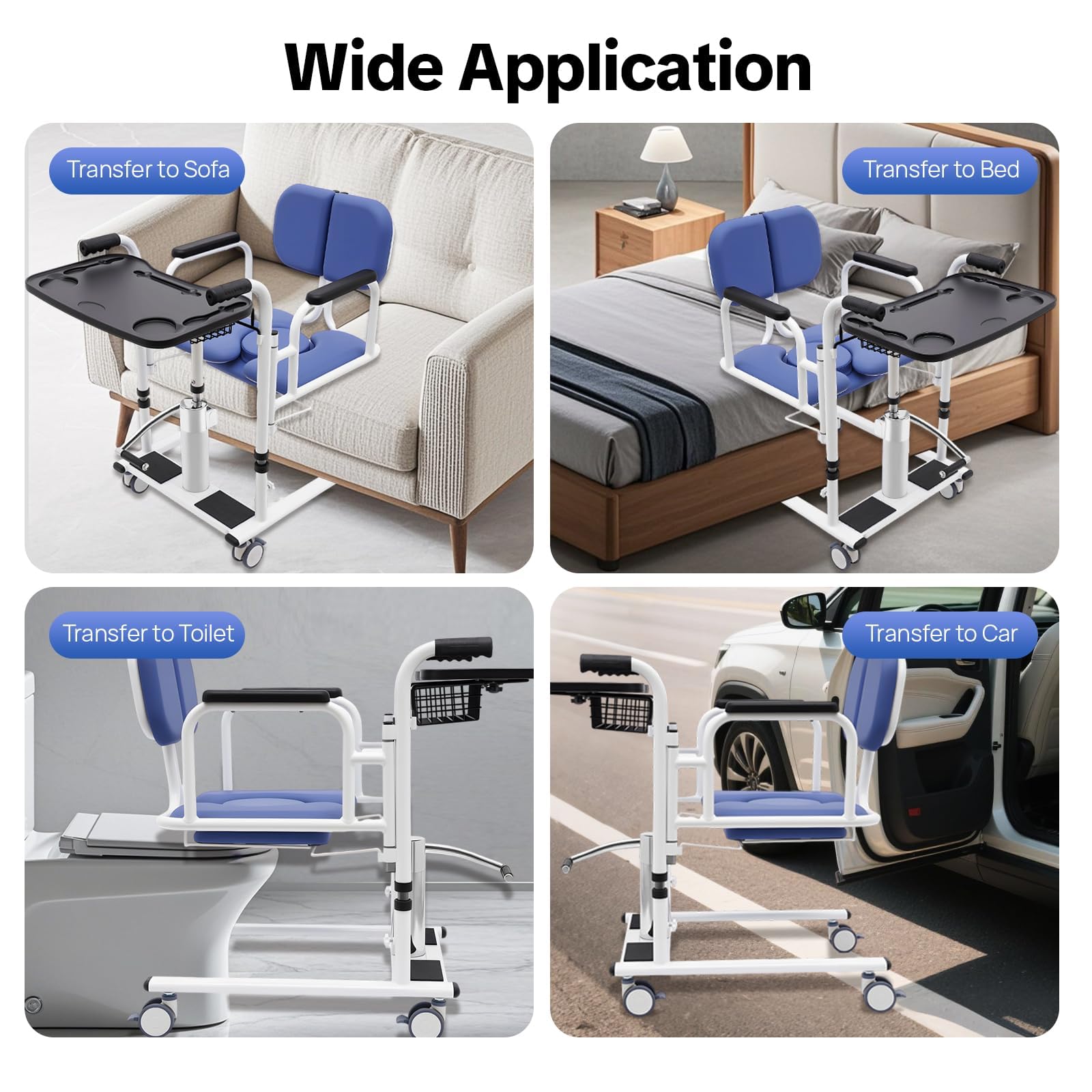 Silla elevadora hidráulica para pacientes, plegable 180°, altura ajustable, capacidad de carga de 150 kg, silla de ruedas multifunción con ruedas de freno, para personas mayores y discapacitadas