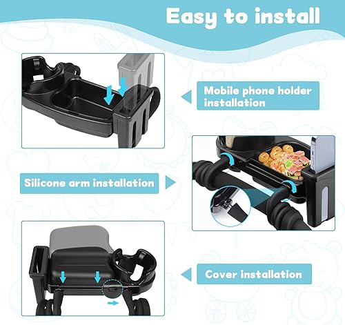 Miniatura 4 de Bandeja universal para refrigerios para cochecito, bandeja universal 3 en 1 para cochecito con soporte para teléfono con 2 ganchos, flexible con