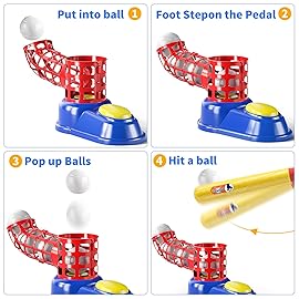TEMI 2 in 1 Tee Ball Set for Kids 3-8, Kids Baseball T-Ball Set with 10 Balls, Step on Pitching Machine, Batting Tee, Outdoor Sport Toy Games for 3-12 Year Old Boys Girls Toddler
