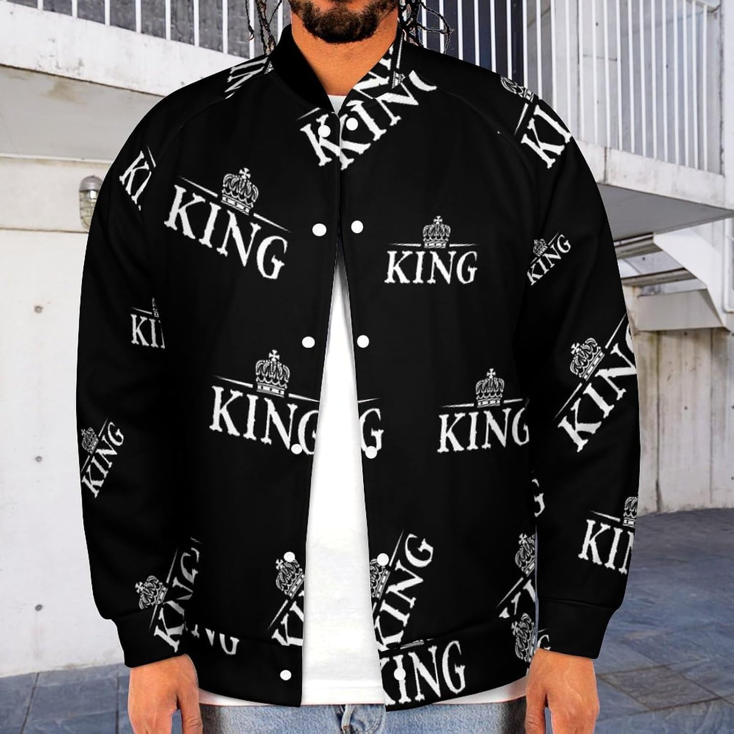 King & Crowned Novelty Men's Baseball Jackets Causal Sweatshirt Button Top Long Sleeve Coat