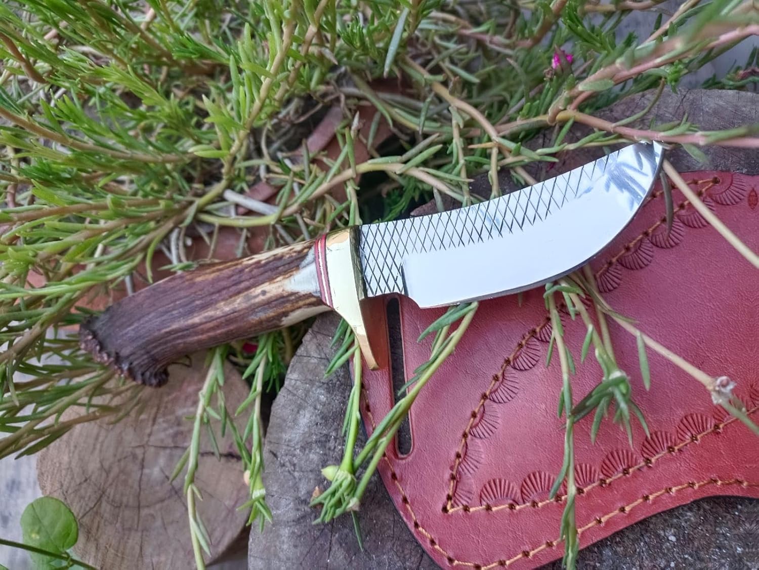 9" Handmade Fixed Blade Pointed Cowboy Skinner/Hunting knife with Leather Sheath, High Polished Farrier Rasp Steel Razor Sharp Blade and Stag Handle for Hunting, Bushcrafting, Camping and Hiking.