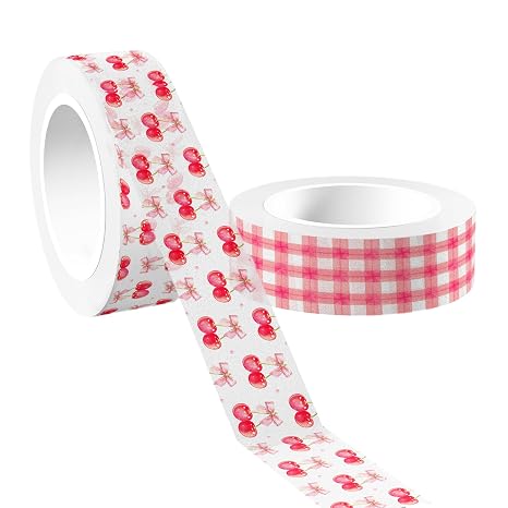 12 Rolls Pink Cherry Bow Washi Tape Set, Sweet Coquette Bowknot Plaid Pattern Decorative Masking Tapes for Scrapbook, Journaling, Planner, DIY Art Crafts, Gift Wrapping, Card Making, Girls Birthday