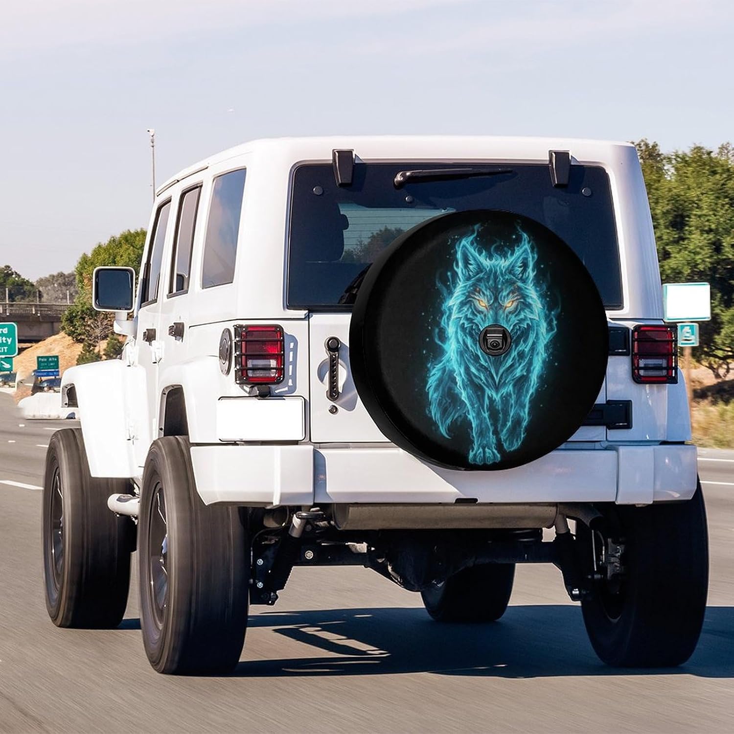 Blue Fire Animal Wolf Spare Tire Cover with Backup Camera Hole Waterproof Dust-Proof UV Sun Wheel Covers for RV Trailer RV SUV Truck and Many Vehicle 17 Inch