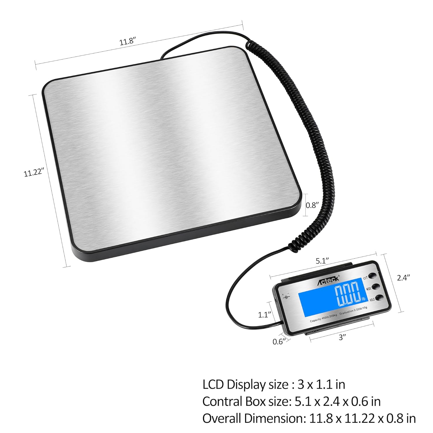 ACTECK A-8860 Digital Shipping Postal Scale with detailed dimensions of platform and display unit