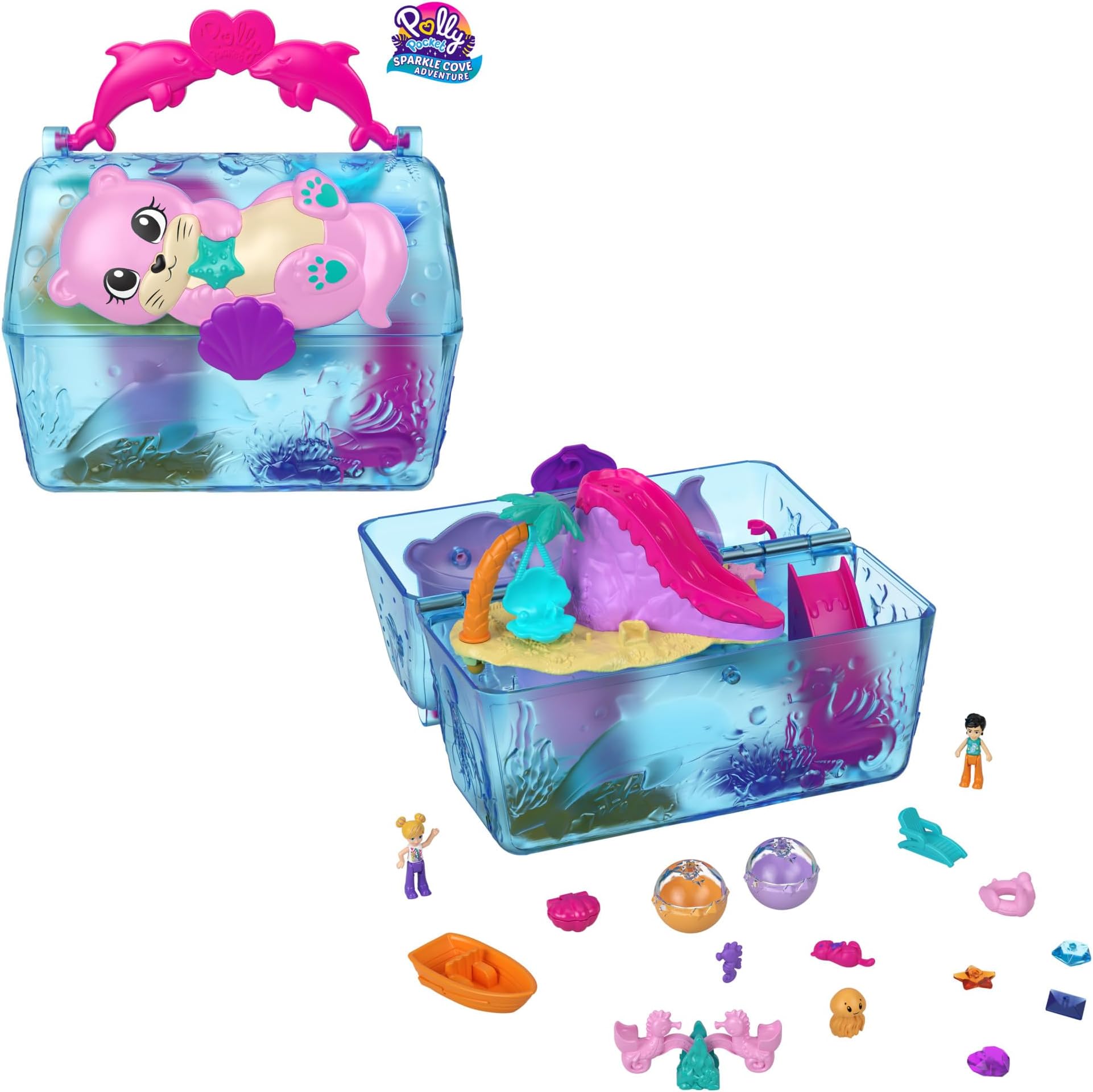 Sparkle Cove Adventure Playset & 2 Micro Dolls, Island Treasure Chest Carry Case, 4 Animals & Accessories, HPV40