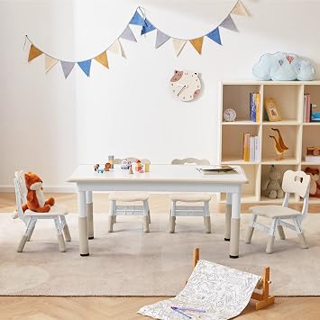 Kids Table and 4 Chairs Set with Graffiti Desktop,Toddler Furniture for Kids Ages 3-8,Children Study Desk, Dining Table, Height Adjustable Desk, Painting Desktop,Gift for Boys Girls Burlywood