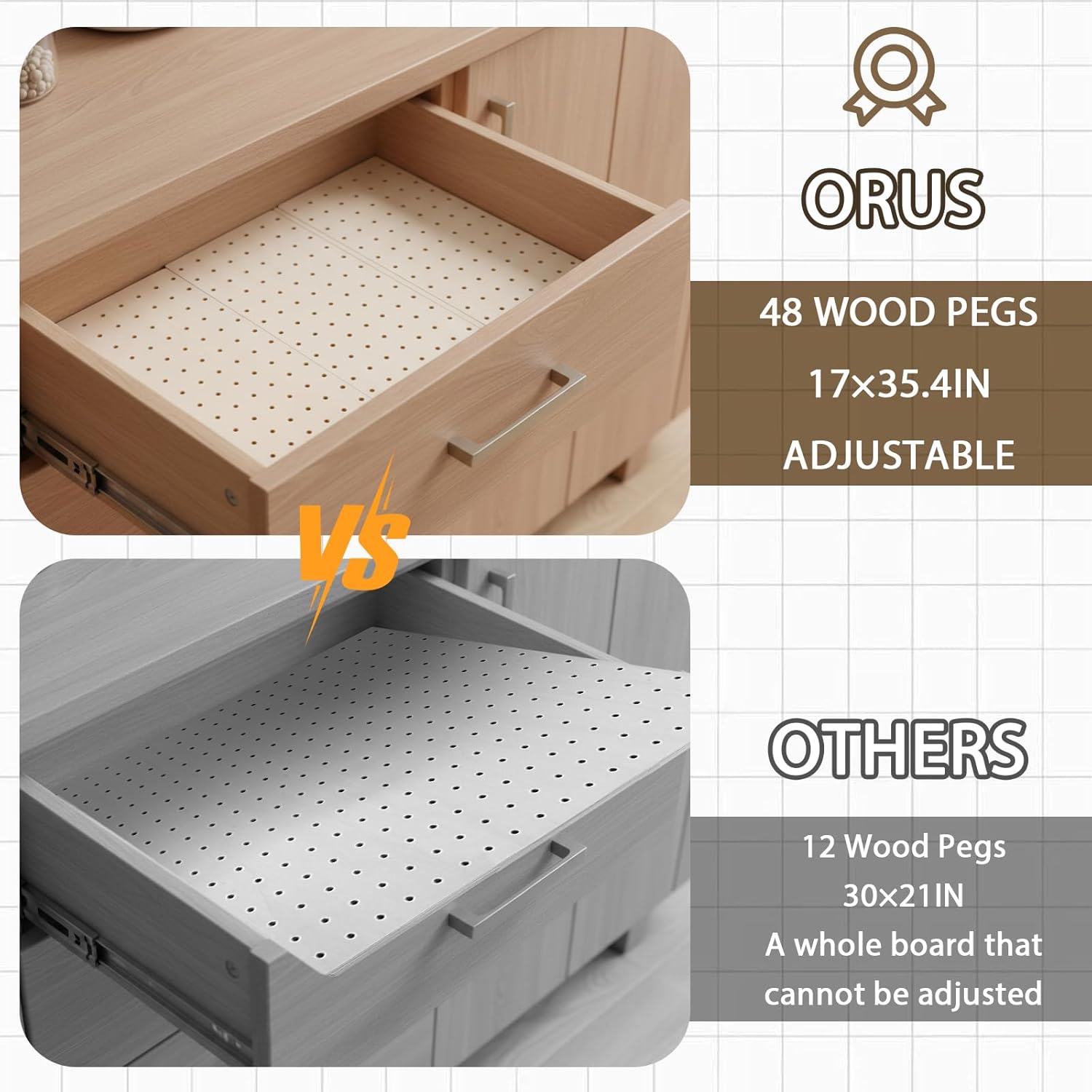 6 Pcs Wood Pegboard Drawer Organizer with 48 Pegs, Wooden Peg Board Drawer Shelf Organizer Adjustable Peg Drawers Organizers for Kitchen Dishes Plate Pegboard Food Containers(17x5.91, Wood)