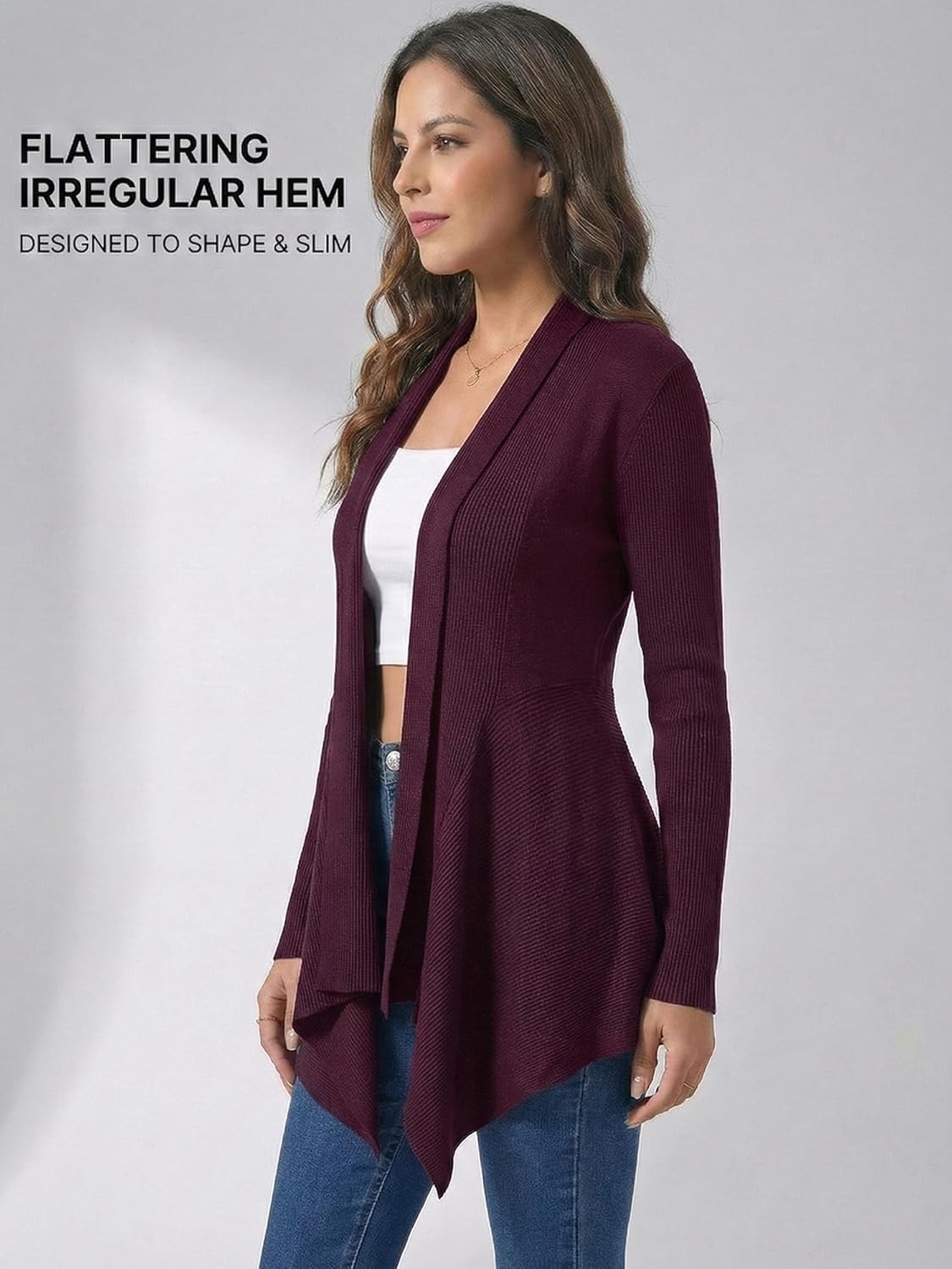 Women’s Open Front Draped Cardigan, Ribbed Knit Long Sleeve Asymmetrical Hem for Dresses Business Casual Layering