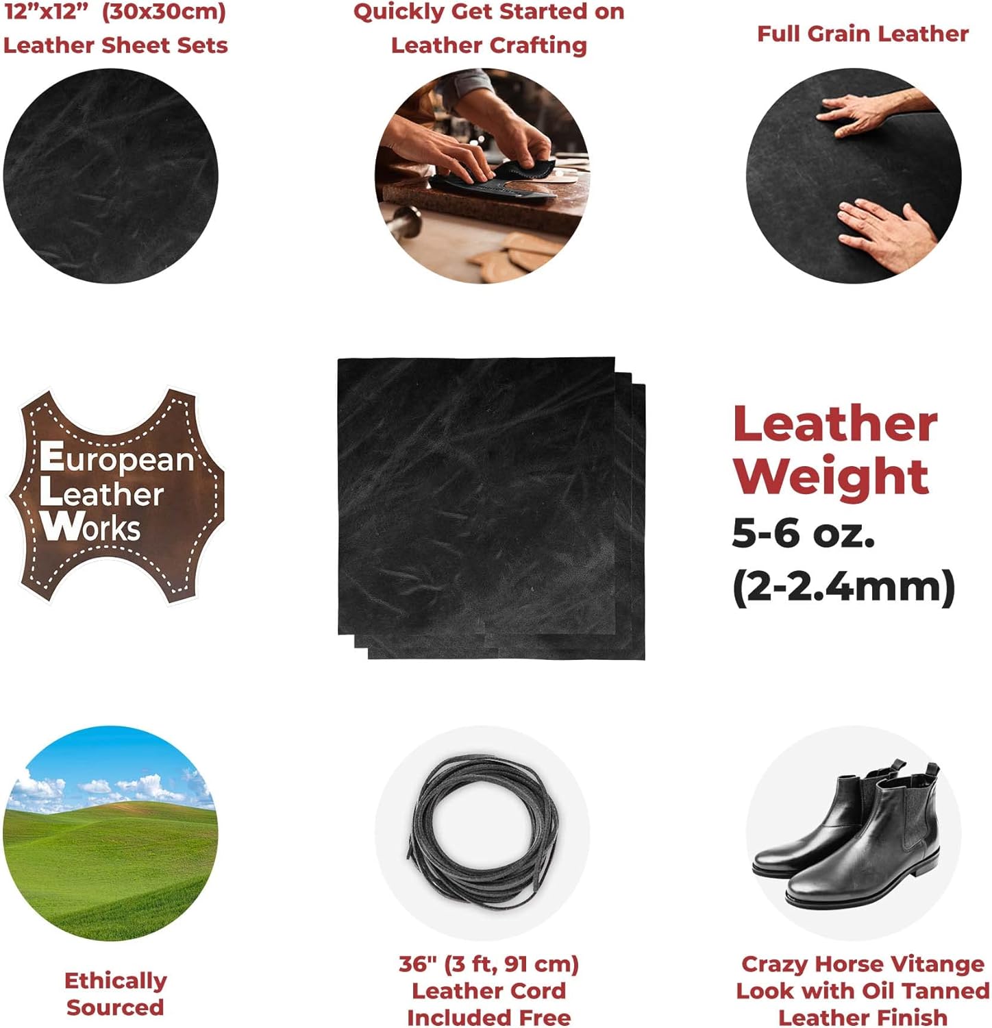 ELW 5-6 oz (2-2.4mm) Black Full Grain Leather Craft Sheets Set of 3 Pieces 12"x12" Plus 36” Leather Cord Braiding String, Oil Tanned Real Cowhide for Tooling, Carving, Repair, Knife Sheaths