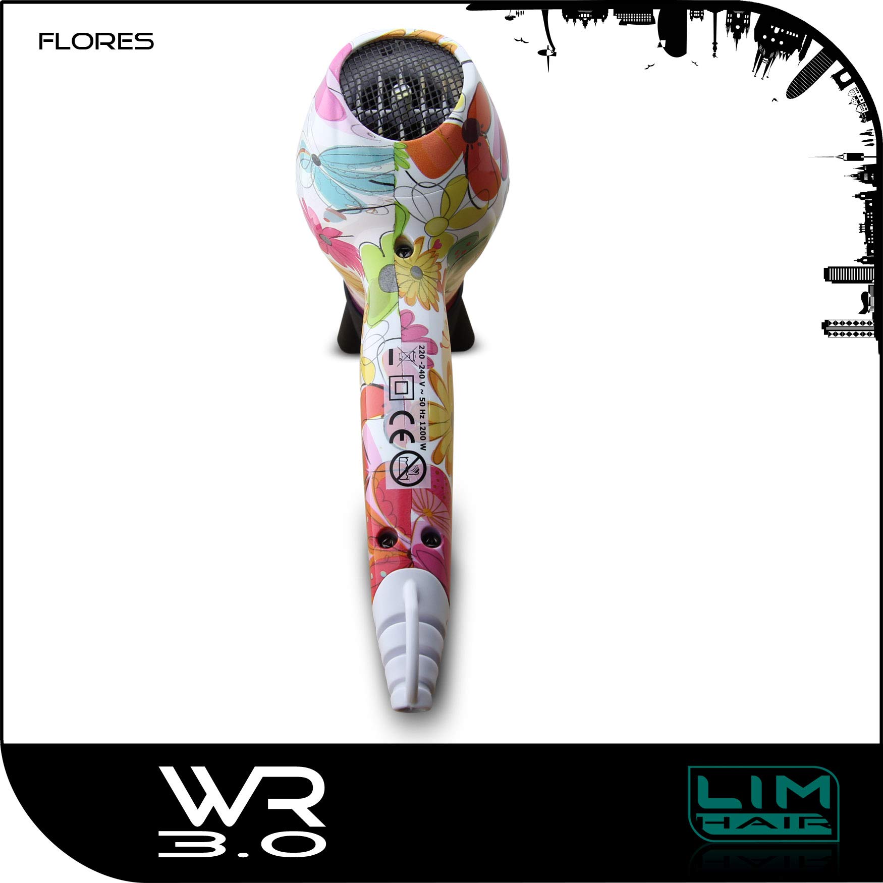 Secador de cabello LIM HAIR WR 3.0 para viaje, gimnasio o para cada día. 1200 W, boquilla, difusor y bolsa incluida. Tamaño reducido mini. Secador o W'21 PACK (FLORES, SECADOR)