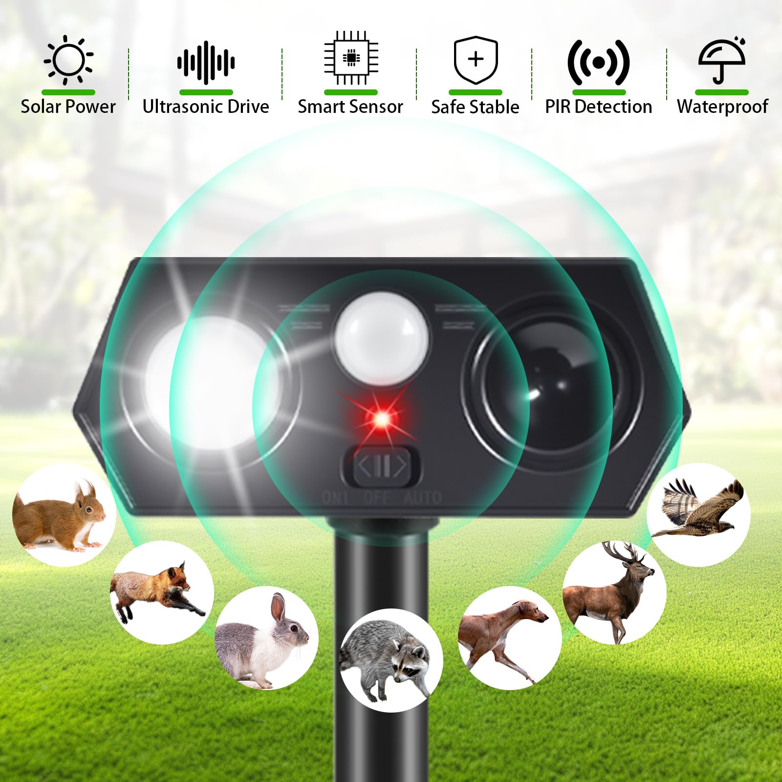 Dissuasori solari ad ultrasuoni per animali all'aperto, dissuasori solari per cervi con sensore di movimento, repellente per gatti con luci flash a LED per spaventare cervi, scoiattoli, conigli