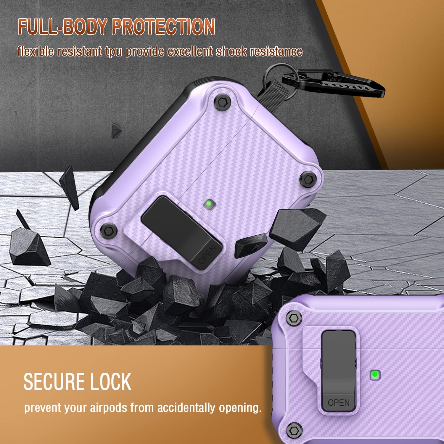 R-fun Airpods Pro 1st/2nd Generation Case Cover (2019/2022) for Men Women,Automatic Secure Lock Clip Hard Shell Rugged Protective for Apple Airpods Pro Case with Carbon Fiber Keychain-Purple