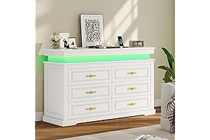 Small Dresser with Mirror: 6 Drawer Dresser, Flip-Top Charging Station, LED Lights