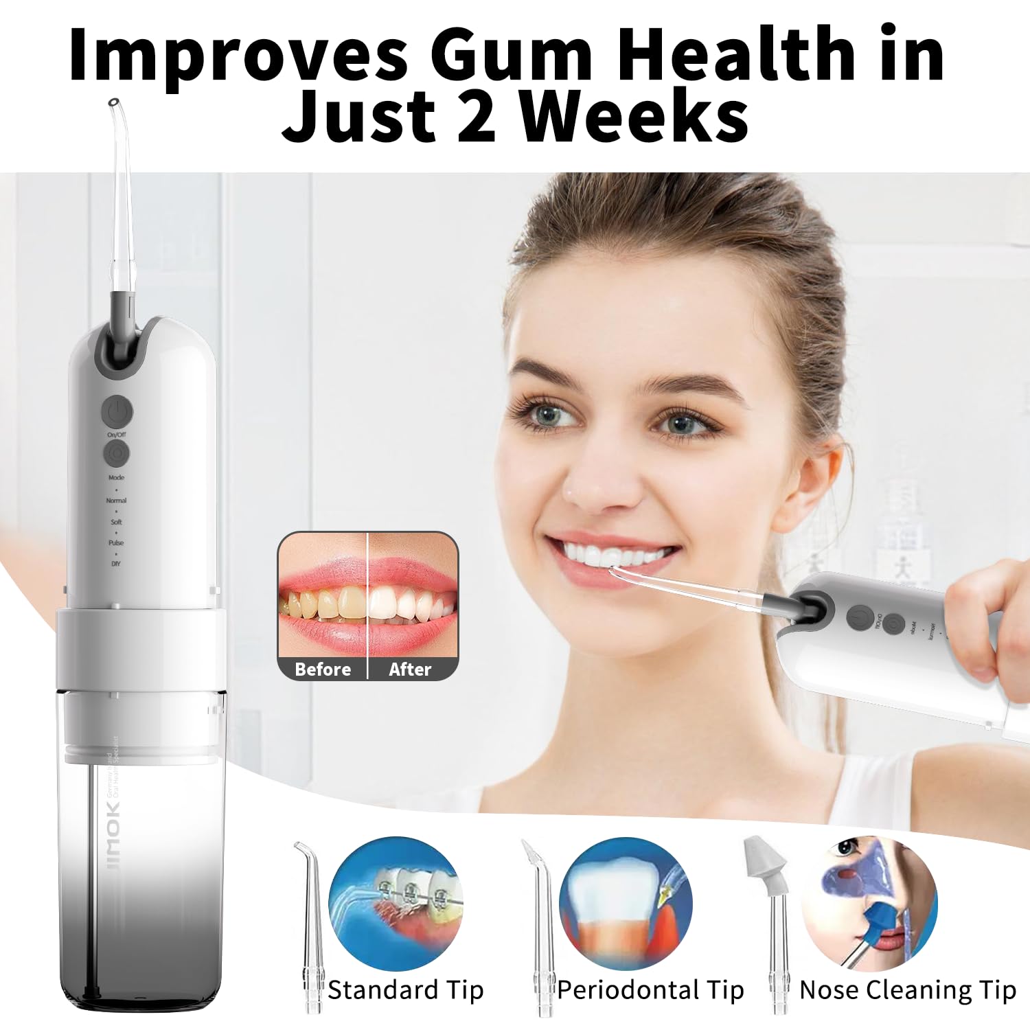 Jimok Power - Púas de agua para limpieza de dientes inalámbrica, 4 modos con puntas de 6 chorros, tanque de agua extraíble para una fácil limpieza, funda portátil para viajes en casa (negro)
