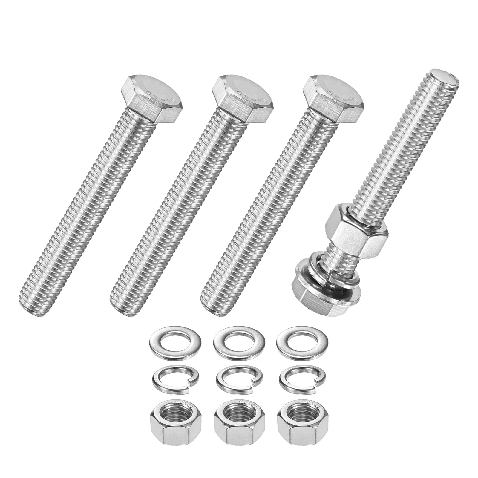 M METERXITY 4-Pack Hex Head Screw Bolt with Nuts Flat & Lock Washers M12x80mm Stainless Steel Bolts and Nuts Kit Fully Threaded Metric Bolt Assortment for Equipment/Machinery