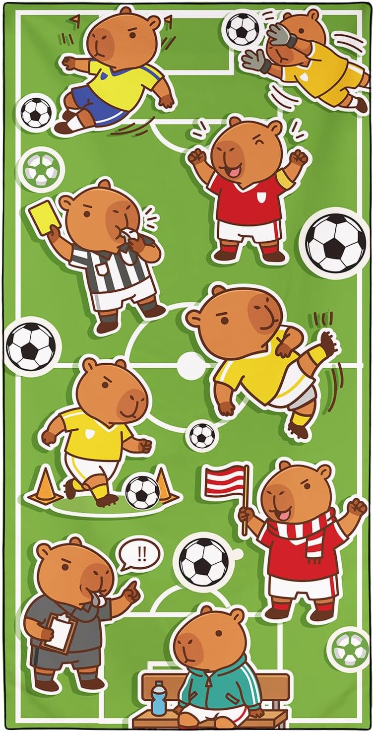 Cartoon Capybara Soccer Beach Towel Oversized 36" x 72", Sand Free and Quick Dry, Thin Lightweight Microfiber Towels for Swimming Camping Travel Sports