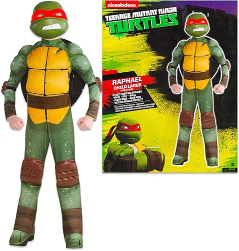 TMNT - Disfraz de tortugas ninja mutantes adolescentes para niños, disfraz de Halloween para niños con body musculoso, máscara, concha, más (Rafael,