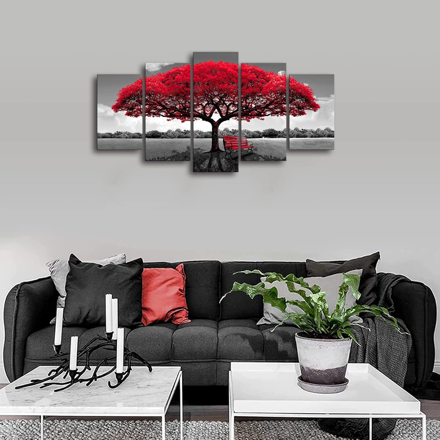 AOSHDART Red Tree Canvas Wall Art Living Room Decor-Nature Wall Art-Red and Black Forest Wall Pictures- Canvas Prints Landscape Painting Modern Artwork for Bedroom Home Wall Decoration-5 Pieces