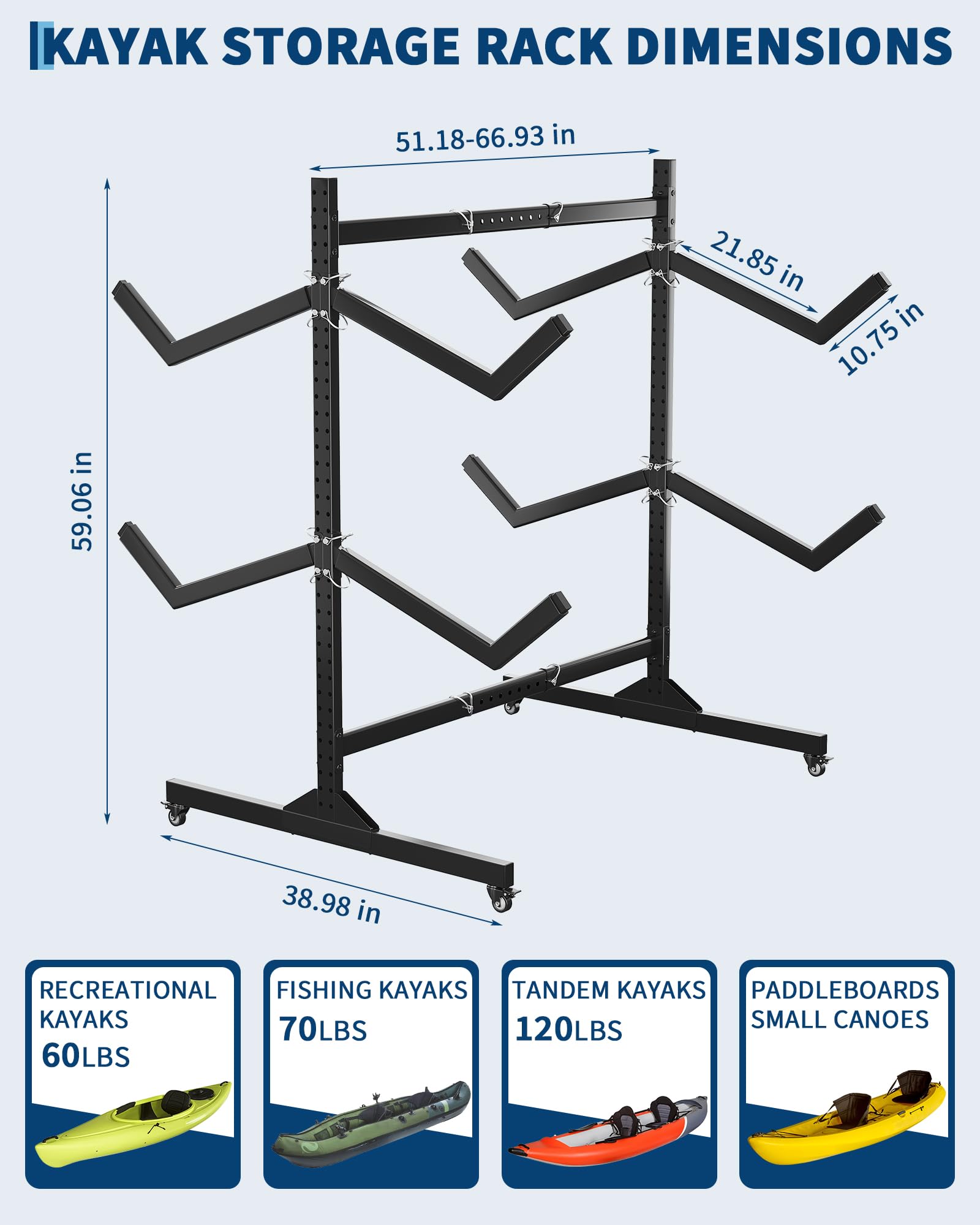 Garvee Rack de Rangement autoportant Double Face, Robuste et réglable, pour 4 Kayaks, canoës, Sup et Planches – roulettes verrouillables – Idéal Garage, abri ou Quai – Spécification : Double Face