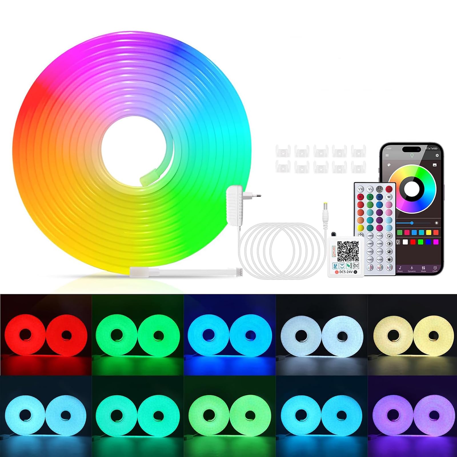 24V Neon LED Strip, 3535 60 LEDs/m RGB IP65 Waterproof Flexible Neon RGB LED Strip With 44 key Bluetooth music controller for Home, Indoor, Outdoor Decoration.