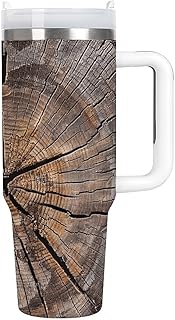 Tree Stump Wood Grain Tumbler 40 Oz With Straw Lid, Stainless Steel Insulated Travel Coffee Mug Leak-Proof Large Capacity Car Cup For Hot/Cold Drink, Handle & Cupholder Compatible