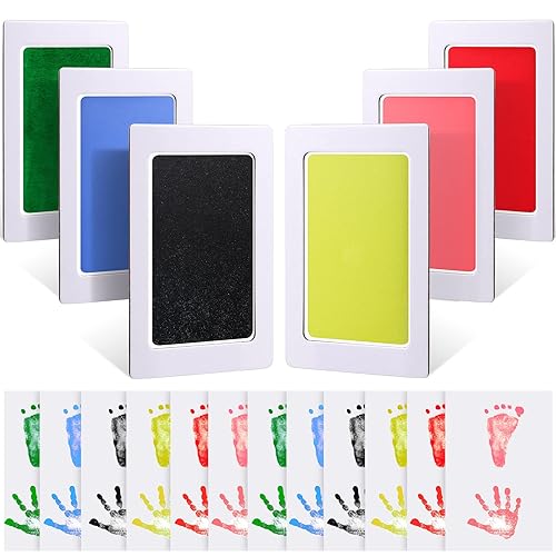 18 Pieces Baby Inkless Handprint and Footprint Kit 6 Safe Hand and Foot Ink Pad Clean Touch Dog Paw Print Stamp Kit and 12 Card for Newborn Registry