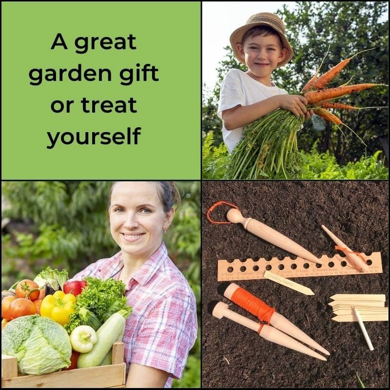 Evanmore Garden Gift Planting Tool Set - Ruler Seed & Seedling Spacer, Line Row Marker, Large & Small Dibber, 8 Seed Marker Labels & Pencil. 100% Plastic Free & Environmentally Friendly