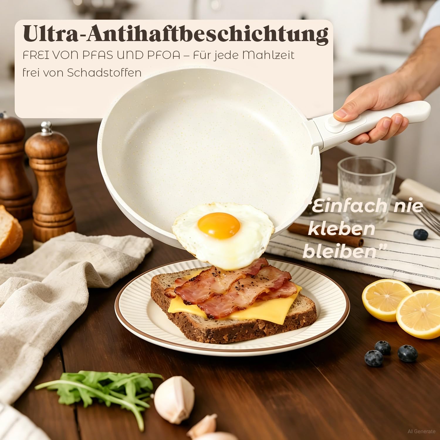 18-Teiliges Kochgeschirr Set mit Abnehmbaren Griffen, Granit Antihaft Topfsets Pfannenset, induktionsgeeignet & ofenfest, stapelbar Topfset für alle Herdarten, Ideal für Zuhause, Camping Sahne