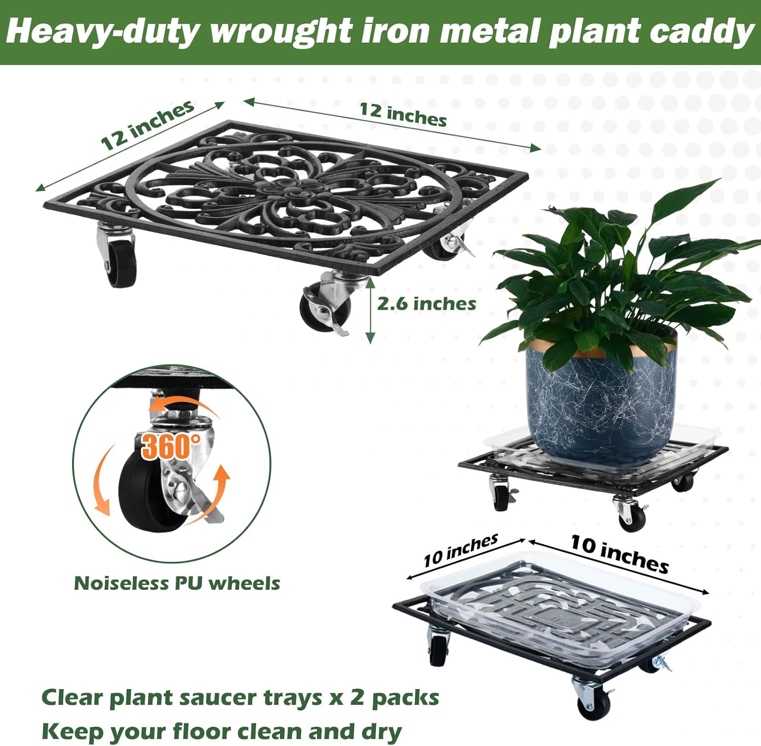 2 Packs 12" Square Metal Plant Caddy with Wheels Large Heavy-Duty Cast Iron Planter Dolly Pot Mover, Indoor Outdoor Vintage Rolling Plant Stands with Casters Wheeled Plant Roller Base, Rustproof Black