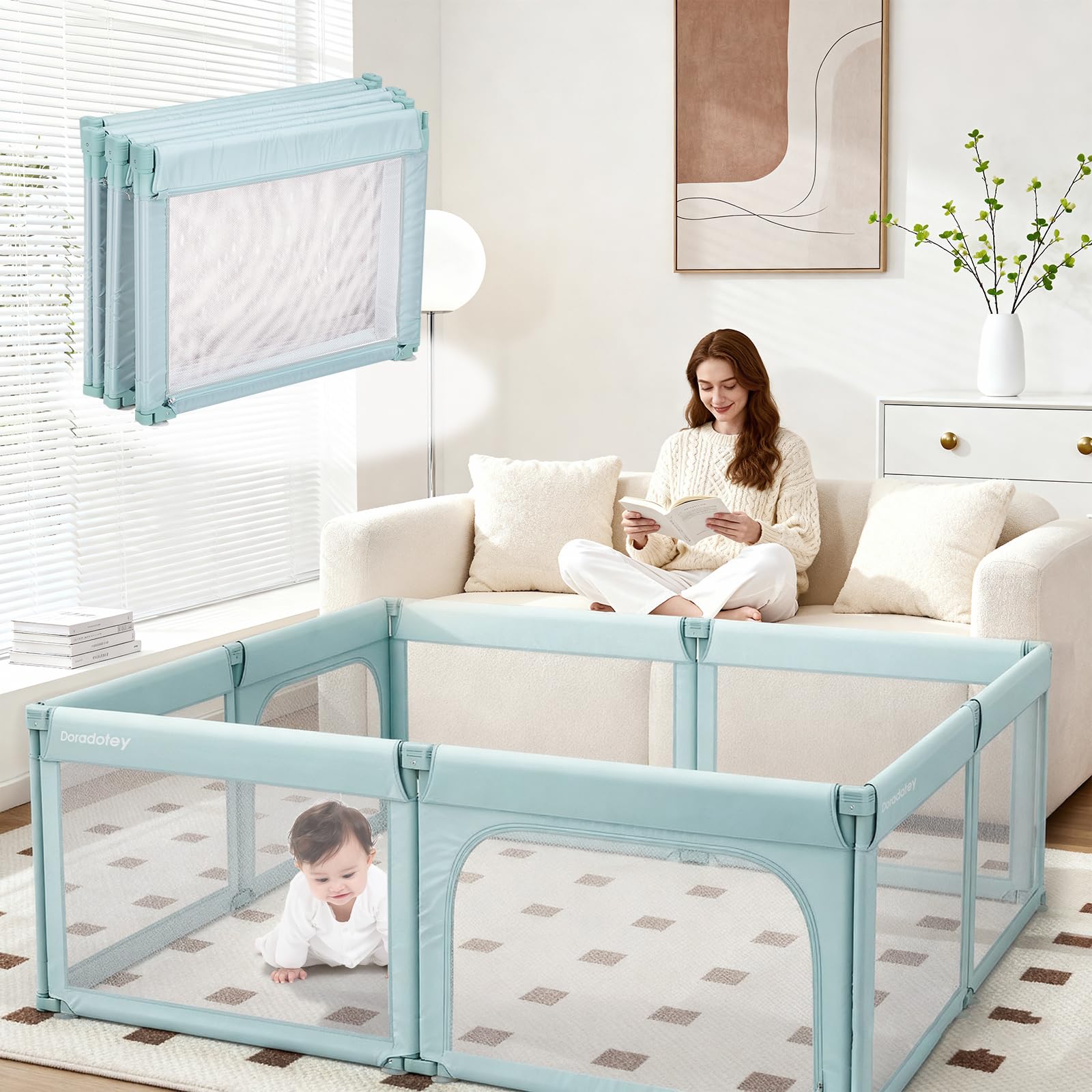 Baby Playpen, Toddler Safety Gate Foldable Play Pen Easy Assembly, Large Size&Shape Adjustable Baby Barrier, Extra-Large Indoor Playpen for Kids Foldable Play Yard 180x200cm, Light Green